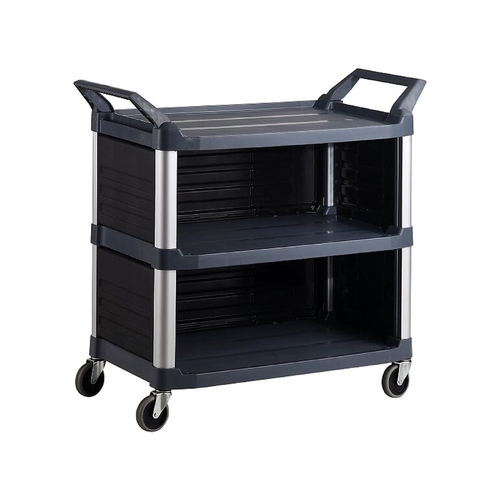 135kg Rated Rated 3 Shelf Hospitality Cart - Commercial Trolley with Enclosed End Panels - Black